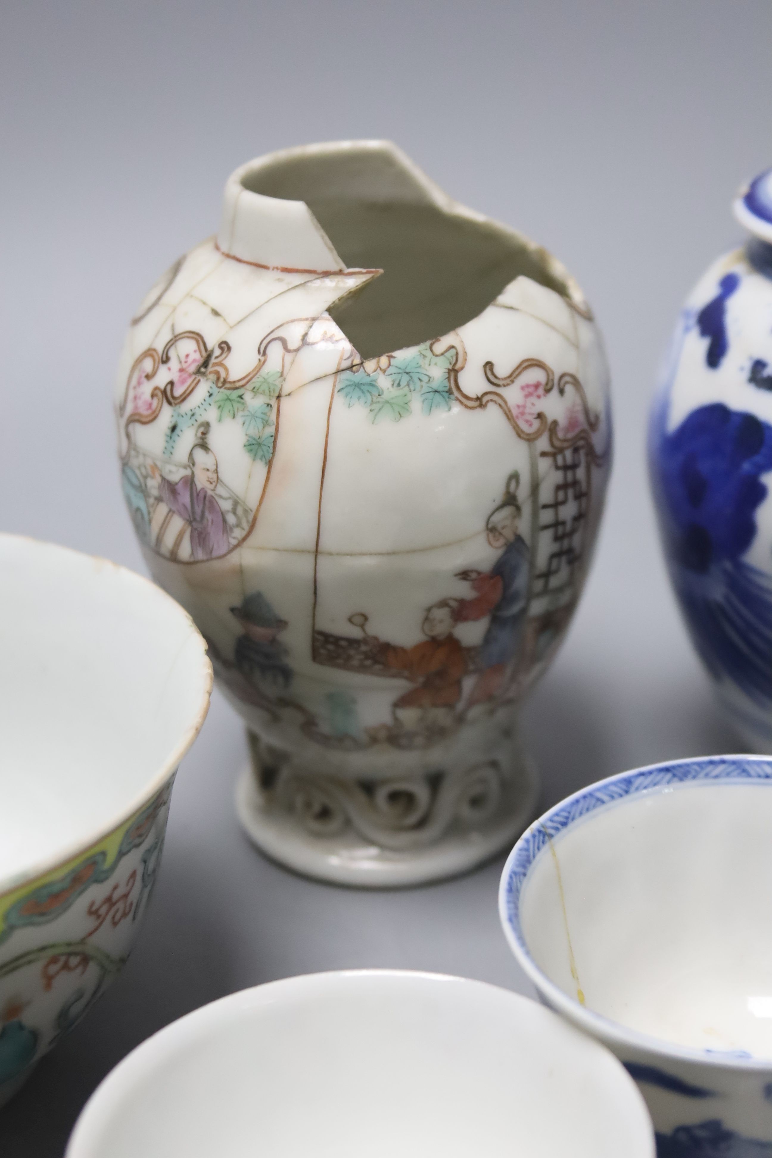 A group of Chinese enamelled porcelain vases and bowls, a similar blue-and-white jar and cover, 18th century and later